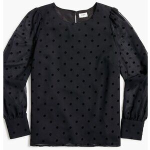 J. Crew Factory Flock Dot Top Blouse Sheer Sleeves Size L Black -Like New
